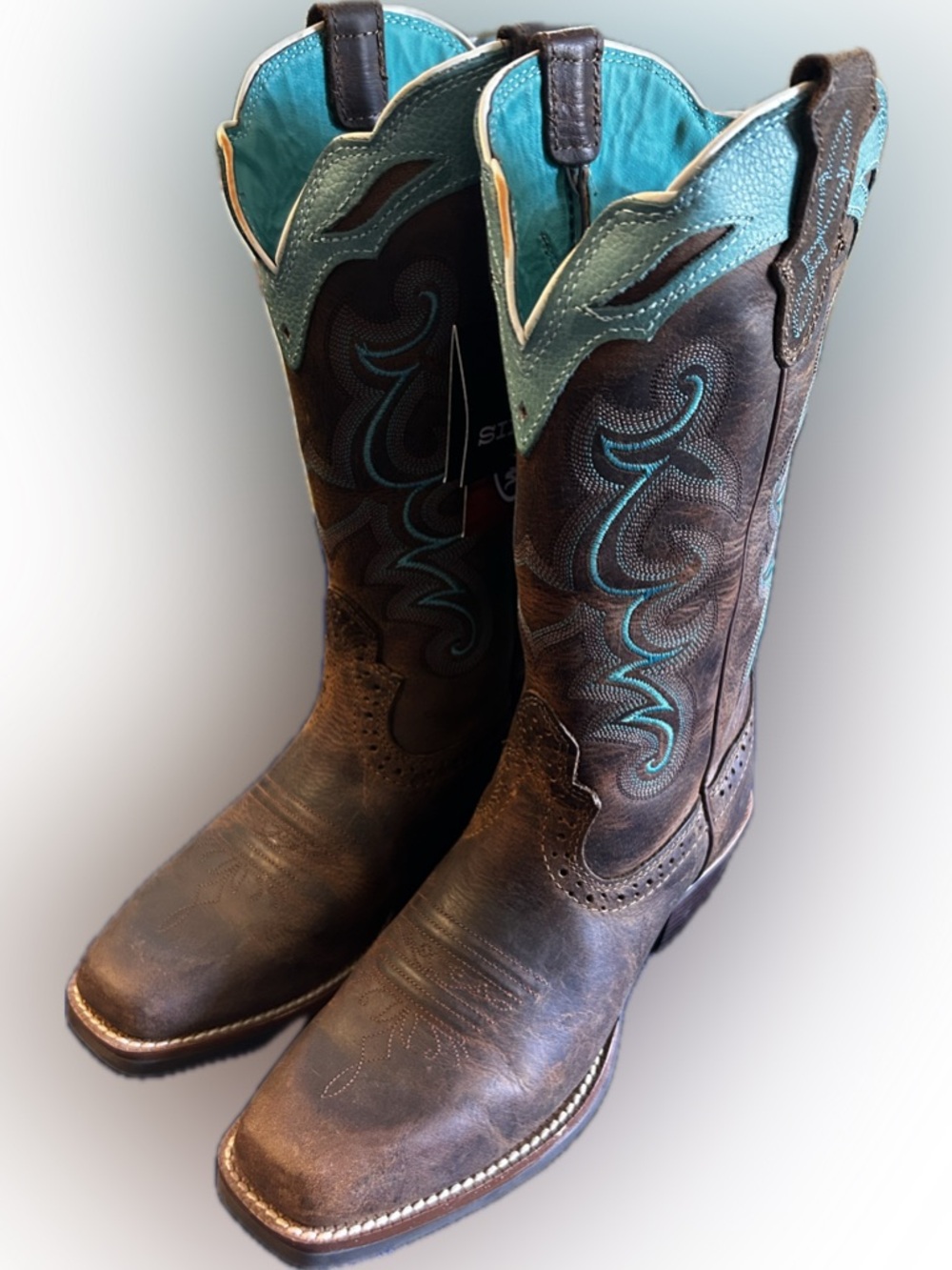 Justin Boots Brown Leather Cowboy Boots with Turquoise Top Trim - Picture 4 of 12
